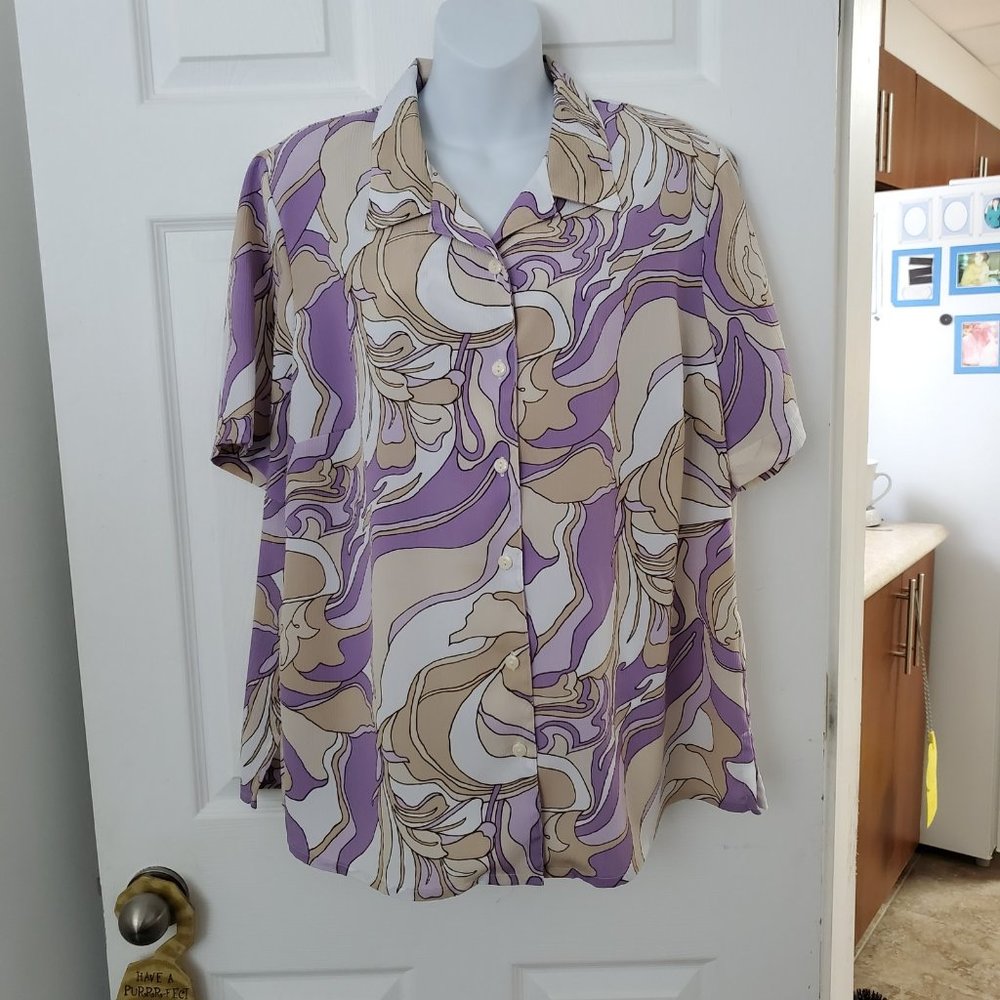 ALIA Tan Purple White Blouse Size 16W 100% Polyester